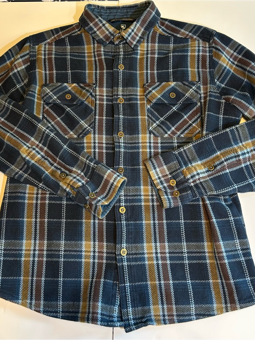 Kuhl Men's Navy Plaid Button-Down Shirt with Mustard and Brown Accents 7334
